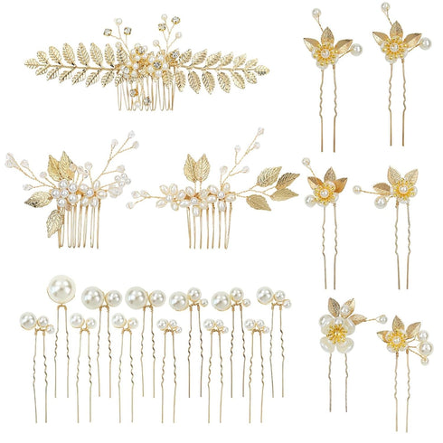 inSowni 21 Pack Gold Leaf Flower Bridal Wedding Hair Combs + U-shaped Pearls Hair Pins Accessories