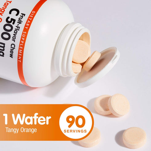 Natural Factors Vitamin C 500 mg Kids Chewable - 90 Wafers - Tangy Orange, Vegan, Non-GMO