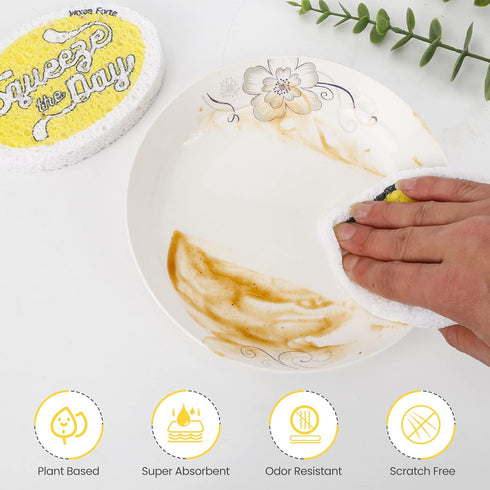 3Pack Lemon Dish Sponges, Fun Fruit Design, Natural & Biodegradable, Odor Resistant & Non-Scratch