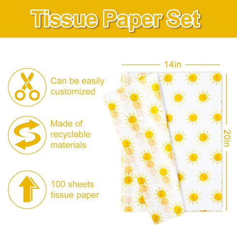 Whaline 100 Sheet Boho Sunshine Tissue Paper Yellow Sun Gift Wrapping Paper First Trip Around The Sun Theme DIY Craft Art Paper for Summer Holiday Party Birthday Decor Supplies, 13.8 x 19.7 Inch