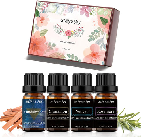 Set, 100% Set 4 10ml Sandalwood, Vetiver, Cinnamon and Rosemary Essential Oil Pure Diffuser Oil Gift for Massage, Soap