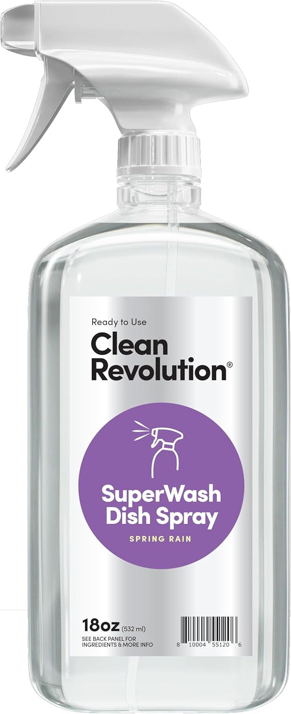 Clean Revolution SuperWash Dish Soap Spray, 18oz Refill Container, Ready to Use Formula, Spring Rain Fragrance