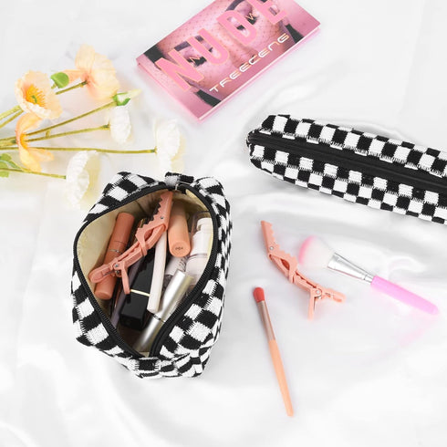 Makeup Bag Checkered Cosmetic Bag Black Makeup Pouch 1Pcs Large Capacity Makeup Bags and 1Pcs Makeup Brushes Storage Bag Travel Toiletry Bag Organizer
