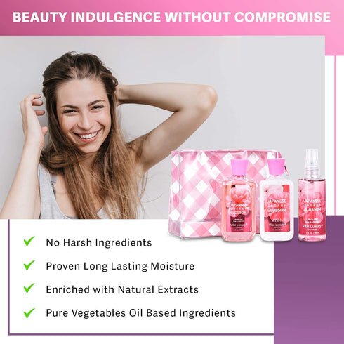 Bath & Body Care Travel Set - Home Spa Set with Body Lotion, Shower Gel, and Fragrance Mist (Japanese Cherry Blossom)