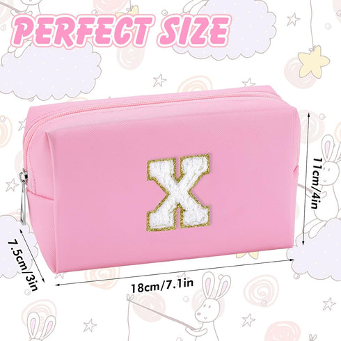 Initial Makeup Bag Personalized Preppy Travel Small Cosmetic Bag, Cute PU Pink Chenille Letter Pouch for Women