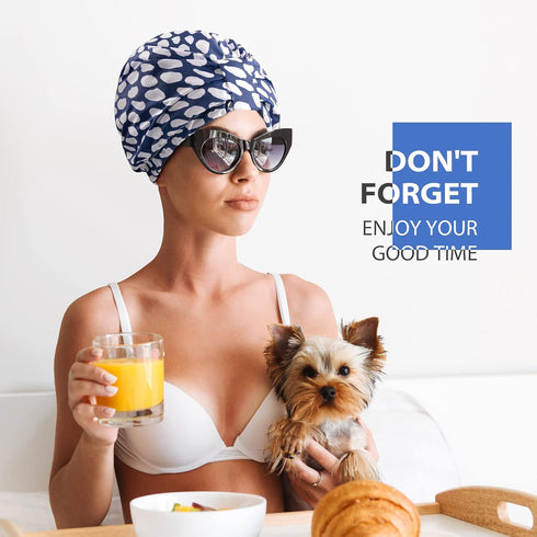 INNELO Luxury Shower Cap for Women, Reusable Waterproof Double Layered Hair Cap with Adjustable Strap, Blue