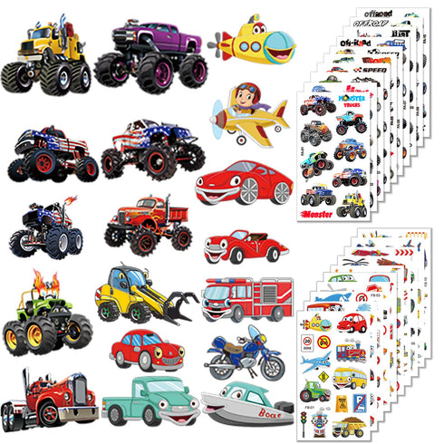 Monster Truck Temporary Tattoos, 180Pcs (20 sheets) for Kids Birthday Party Supplies, Various Vehicle Designs