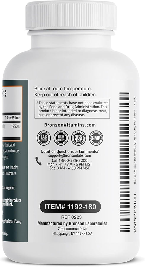 Bronson Vitamin D3 10,000 IU (250 MCG), 180 Tablets for Healthy Muscle Function & Immune Support, Non-GMO