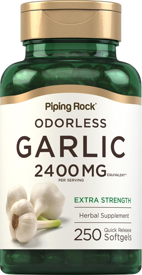 Piping Rock Odorless Garlic Softgel Capsules 2400mg, 250 Pills, High Potency Herbal Supplement, Non-GMO, Gluten Free