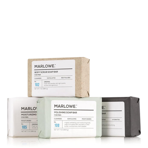 MARLOWE. Soap Discovery Gift Set, Men's Skin Care Variety with Exfoliating Body Scrub, 4 Pack