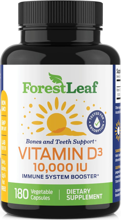 ForestLeaf Vitamin D3 10000IU - 180 Count - Bone Health and Immune Support - Easy to Swallow Capsules