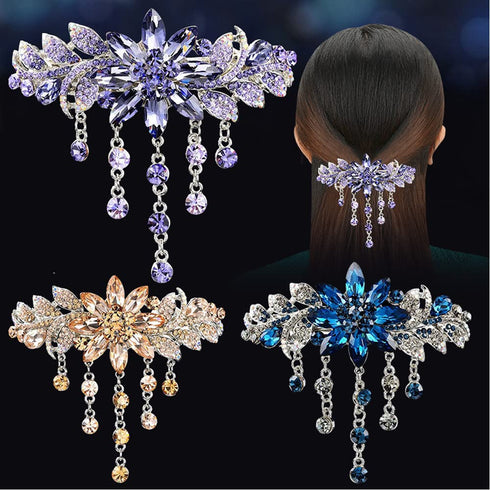Luxury Hair Barrettes - Flower Tassel Design Rhinestone Hairpin, Crystal Hair Clip for Women Girls, Champagne