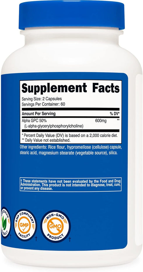 Nutricost Alpha GPC 600mg, 120 Vegetarian Capsules - Gluten Free, Non-GMO, 300mg Per Capsule