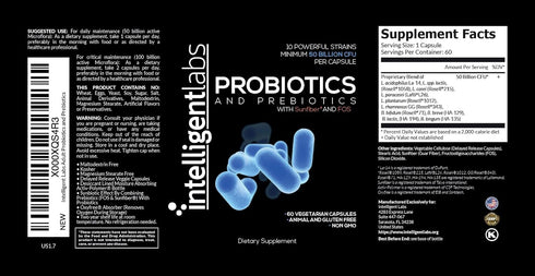 Intelligent Labs 50 Billion CFU Probiotic with Prebiotics - No Refrigeration Needed - with Sunfiber and FOS for 10x