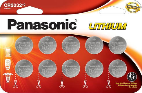 Panasonic CR2032 3.0 Volt Long Lasting Lithium Coin Cell Batteries, 10 Pack, Child Resistant Packaging