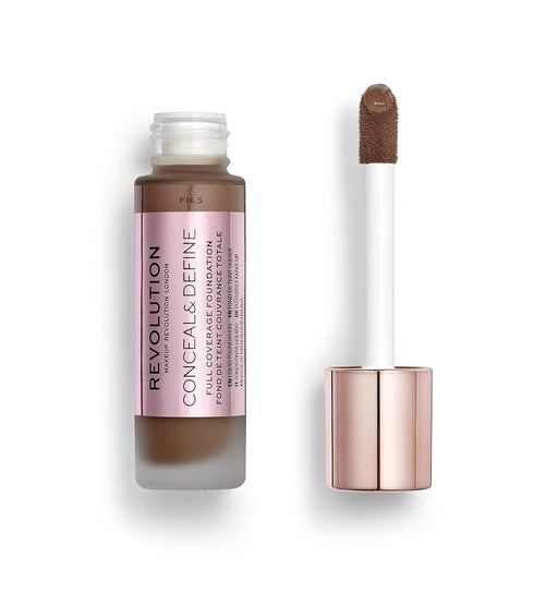 Makeup Revolution Conceal and Define Foundation, Full Coverage Matte Finish F17.5 for Dark Skin Tones, Vegan, 0.7 Fl Oz
