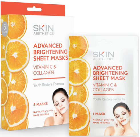 Vitamin C & Collagen Sheet Face Mask - Hydrating, Reduces Wrinkles & Age Spots, Cruelty Free Korean Skin Care (5 Masks)