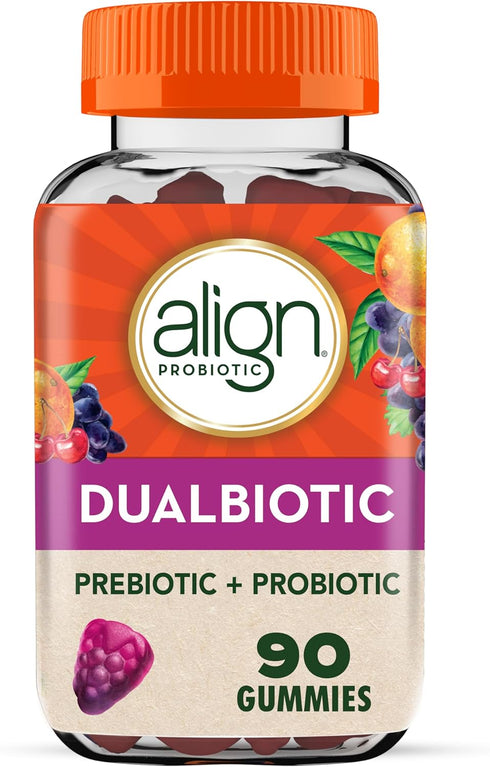 Align DualBiotic - Prebiotic + Probiotic for Women and Men, Digestive Support, Natural Fruit Flavors, 90 Gummies