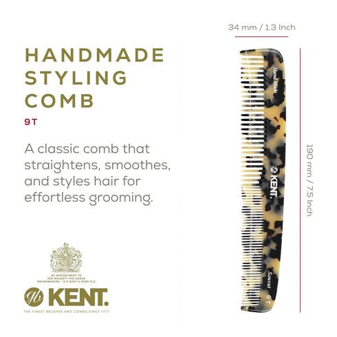 Kent 9T Fine Tooth and Wide Tooth Comb, Large Handmade Detangler Hair Combs for Wet Hair, Made in England