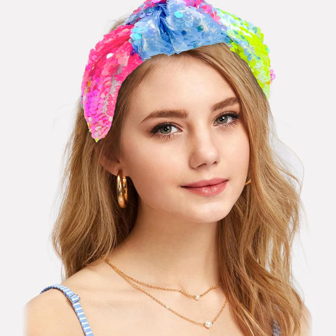 XIMA 3 PCS Sequin Headbands for Women and Girls, Neon Rainbow Sparkle Statement Top Knot Holiday Hair Accessories