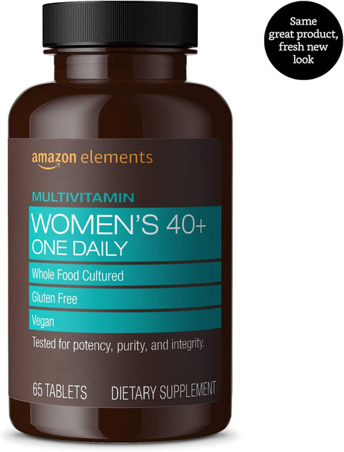 Amazon Elements Women‚ 40+ One Daily Multivitamin | 65 Tablets | 66% Whole Food Cultured, Vegan, 2 Month Supply