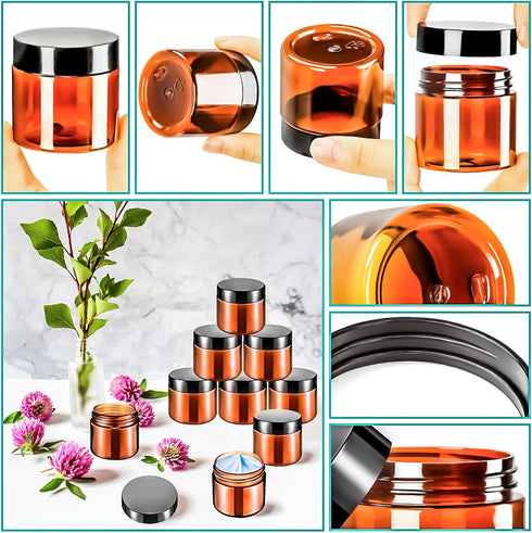 MotBach 16 Pack 2oz Amber Plastic Jars, 60ml Empty Small Round Cosmetic Jars with Black Lids for Refillable Makeup