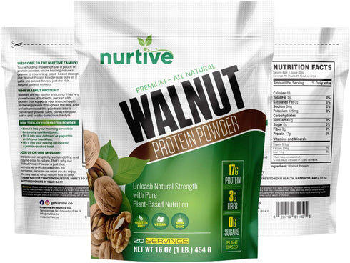 Walnut Protein Powder, 16 oz, Rich in Omega-3, Plant-Based Protein, Gluten Free, Vegan
