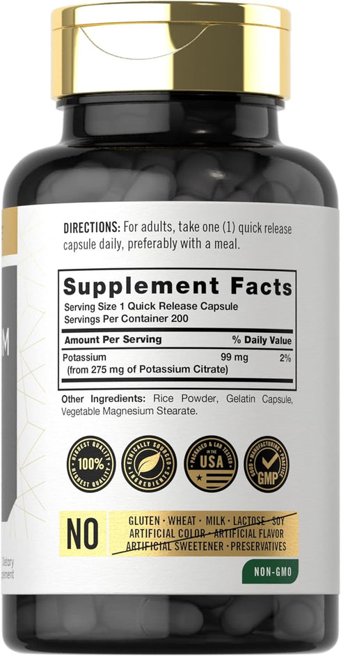 Carlyle Potassium Citrate 99mg | 200 Capsules | Non-GMO and Gluten Free Supplement