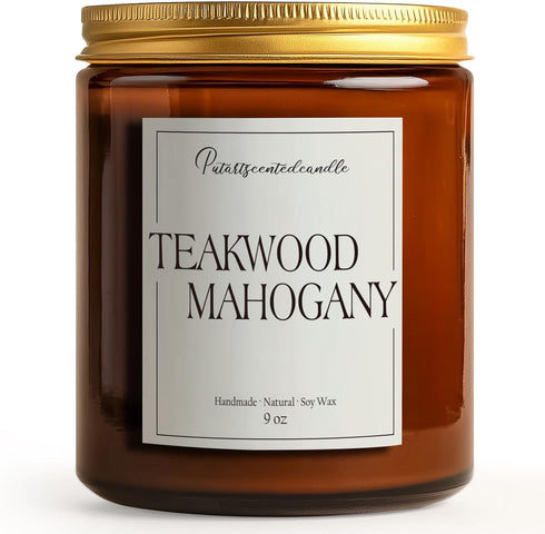 Putart 9oz Mahogany & Teakwood Highly Scented Candles for Home, Natural Soy Aromatherapy Organic Candle with Essential