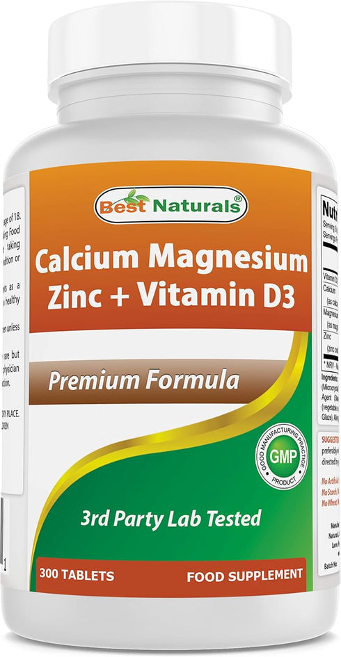 Best Naturals Calcium Magnesium Zinc with Vitamin D3, 300 Tablets, 1000 mg Calcium, 400 mg Magnesium