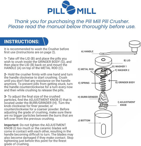 Pill Mill Pill Crusher - Crushes Multiple Tablets to Fine Powder - Metal Pill Grinder for Travel and Pets