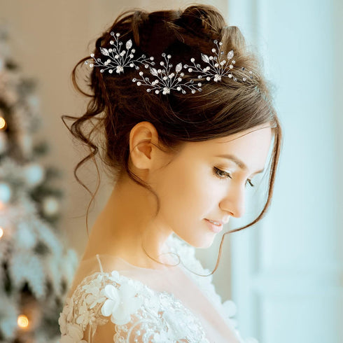 WILLBOND 8 Pcs Bride Wedding Pearls Hair Pins - Bridal Leaf Flower Wedding Hair Accessories Rhinestone Bridesmaid U