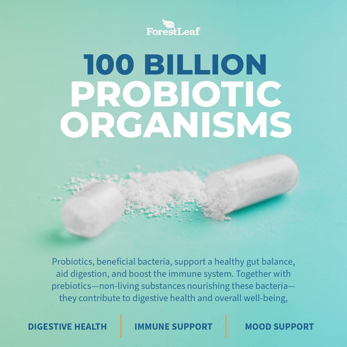 ForestLeaf Clinically Studied Probiotics - 100 Billion CFU, 26 Strains with Organic Prebiotic Blend, 30 Capsules