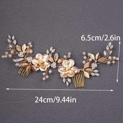 Wedding Gold Rhinestones Hair Comb, Dainty Flower Leaf Crystal Pearls Hair Comb Bridal Headband Hair Accessories for