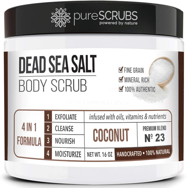 pureSCRUBS Premium Coconut Body Scrub Set - Large 16oz Dead Sea Salt Scrub with Essential Oils & Nutrients