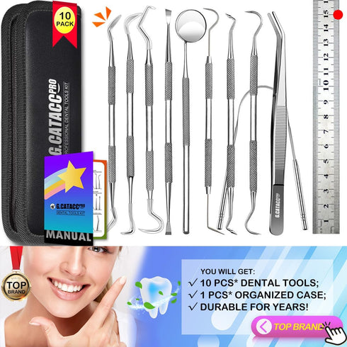 Dental Tools, 10 Pack Professional Plaque Remover, Stainless Steel Dental Hygiene Kit with Case