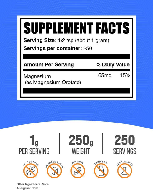 BulkSupplements.com Magnesium Orotate Powder - High Absorption Magnesium Supplement, 250g (8.8 oz)