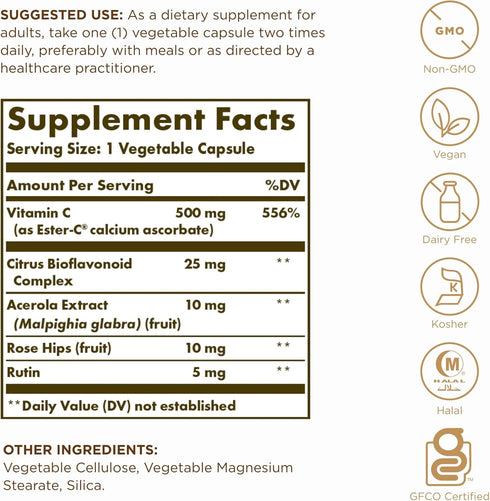 Solgar Ester-C Plus 500mg Vitamin C, Gentle & Non Acidic, Antioxidant & Immune Support, 250 Vegetable Capsules