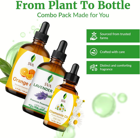 Set SVA Lavender, Orange & Chamomile Essential Oil Bundle Super Saver Combo Premium Grade Aromatherapy Relaxation