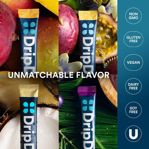 DripDrop Hydration - Tropical Variety Pack, Electrolyte Drink Mix Single Serve Packets, Non-GMO, Gluten Free, Vegan, 32
