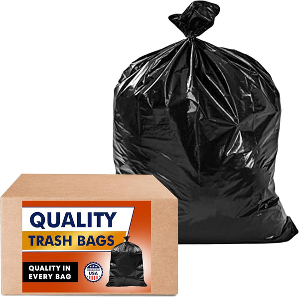 Heavy Duty 55 Gallon Trash Bags, Value-Pack 50 Bags w/Ties, Large Black Garbage Bags for Lawn, Leaf, and Commercial