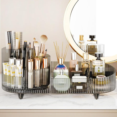 Rotating Makeup Organizer for Vanity - Large Spinning Cosmetic Storage with Brush Holder for Makeup, Skincare, Perfume