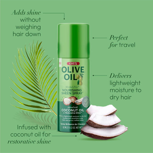ORS Olive Oil Nourishing Sheen Spray - Infused with Coconut for Restorative Shine, Alcohol Free, 2 Ounce