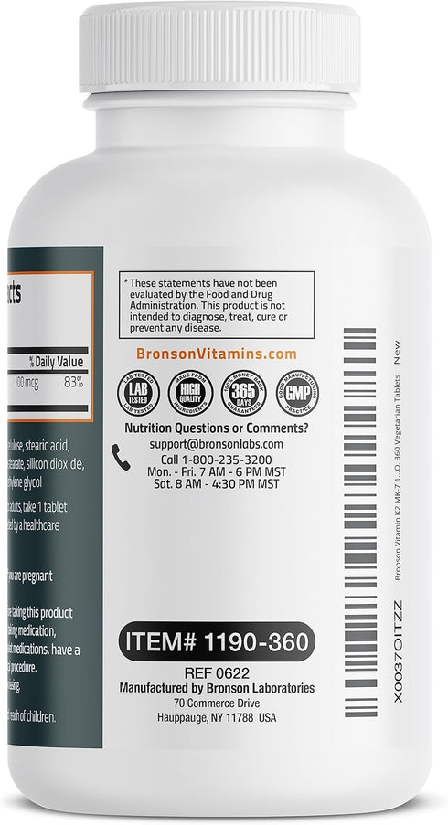 Bronson Vitamin K2 MK-7 100 MCG, 360 Tablets - Bone Support, 1 Year Supply of K2 as MK7 Menaquinone