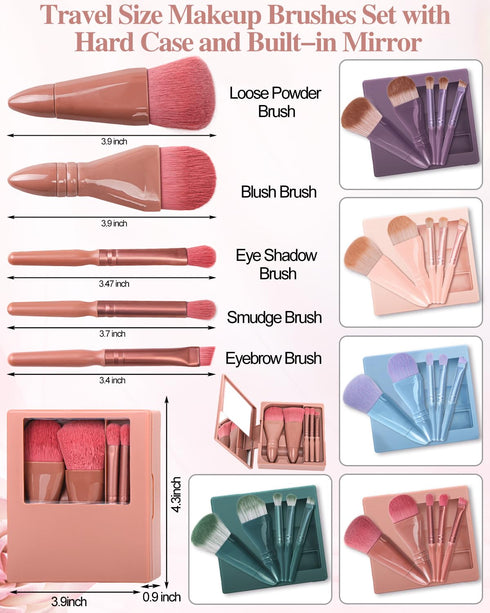 Travel Size Makeup Brushes Mini Set, 5Pcs Small Cosmetic Brushes with Hard Case and Built-in Mirror for Women