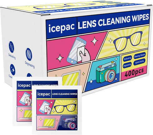 icepac Glasses Wipes Lens Cleaner- 400 Pre-Moistened Individual Wrapped Eye Glasses Cleaning Wipes