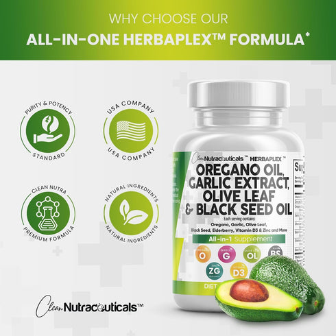 Oregano Oil 6000mg, Garlic Extract 4000mg & More - Immune Support & Digestive Health - 60 Caps