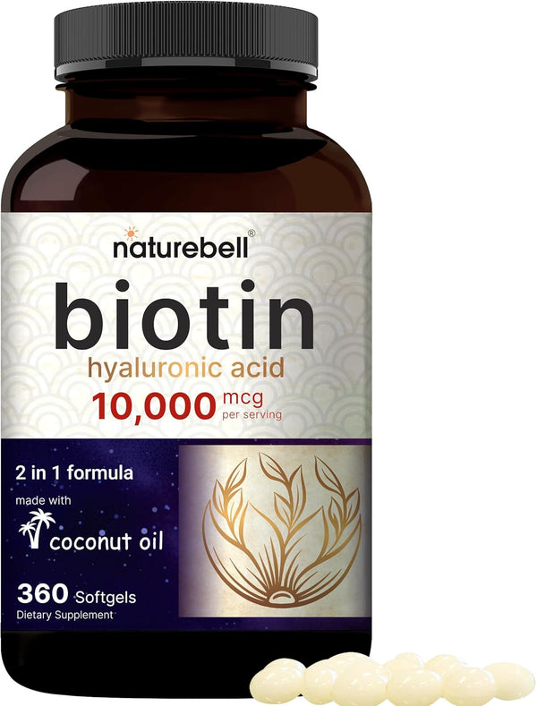 Biotin 10000mcg + Hyaluronic Acid 25mg, 360 Coconut Oil Softgels, Premium Vitamins for Hair Skin and Nails