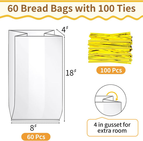 Reastar 60 100 Bread Bags with Ties, Clear Bread Bags for Homemade Bread and Ties, Adjustable Reusable Plastic Bread