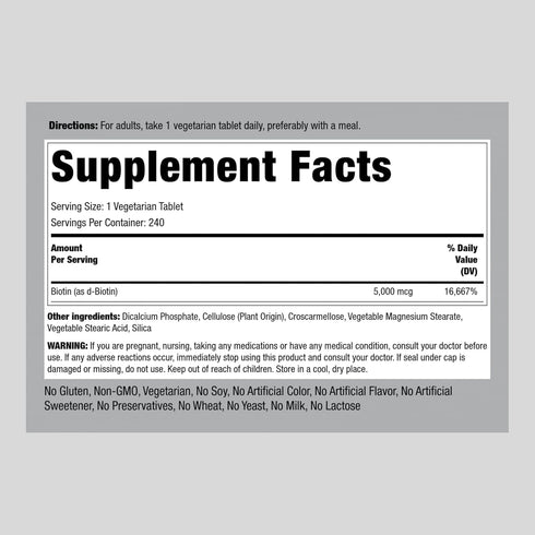 Piping Rock Biotin 5000mcg | 240 Tablets | Beauty Vitamin Supplement | Vegetarian, Non-GMO, Gluten Free
